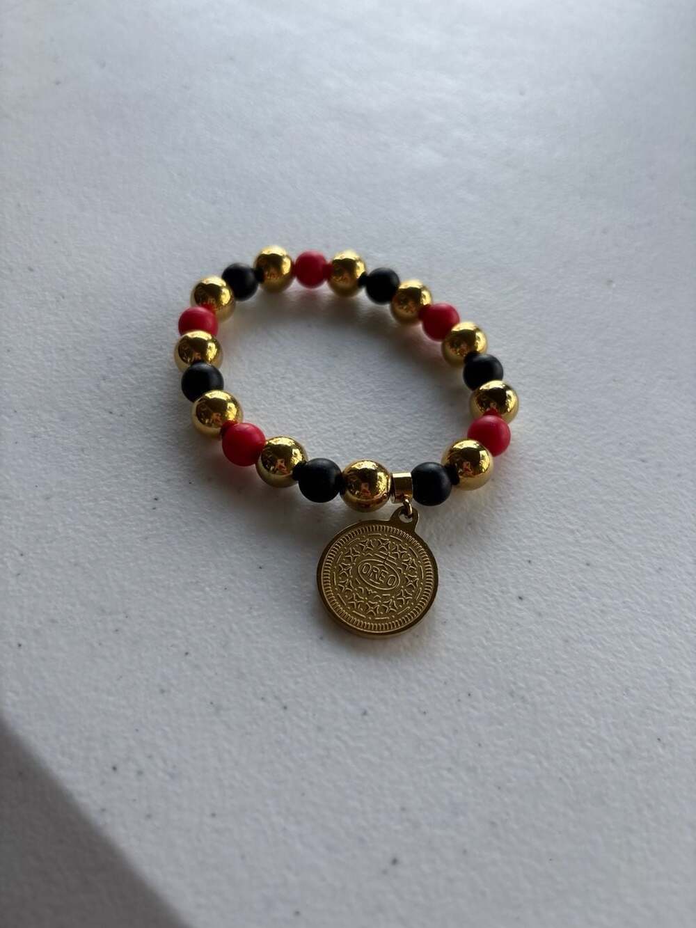 Rustic Cuff  Red Black and Gold Beaded Oreo Charm Stretch Bracelet